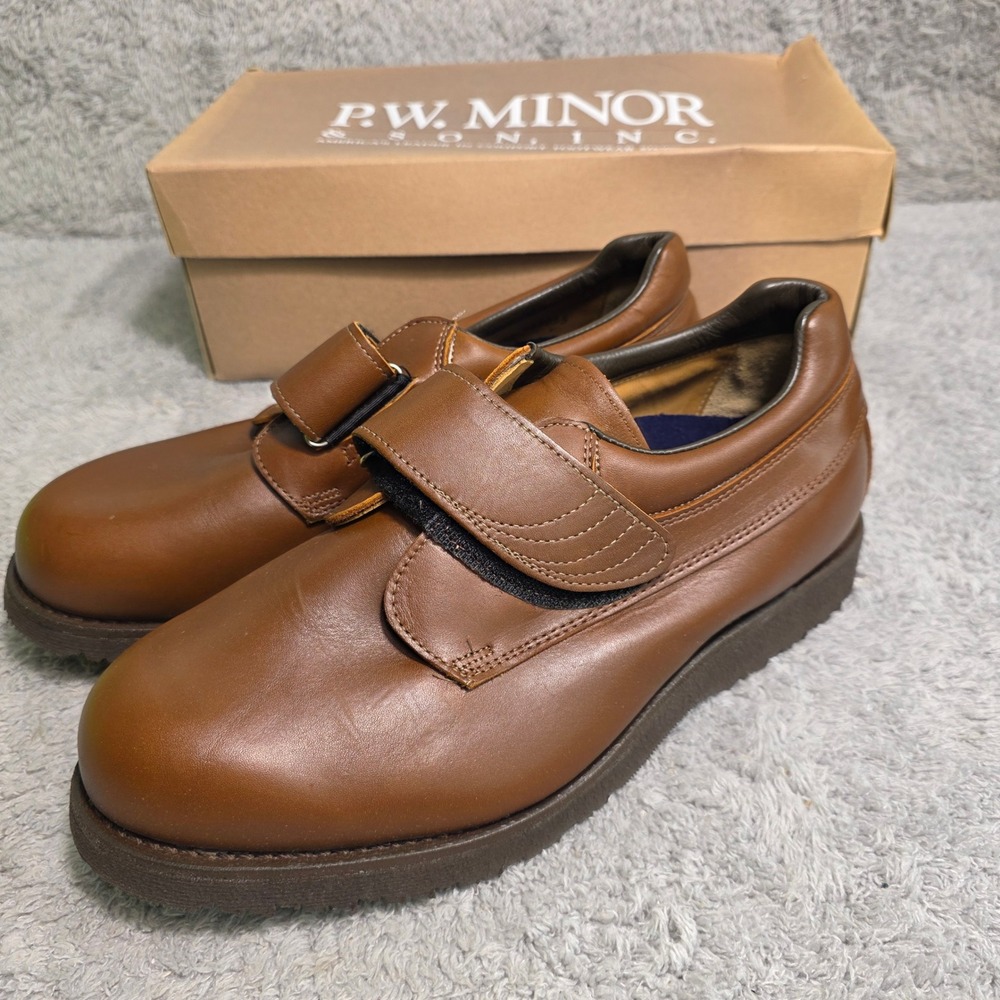 P.W Minor Orthopedic Brown Leather Walking Shoes Loafers Mens 9.5 D Diabetic NEW